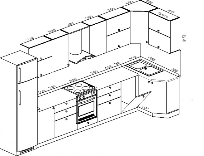 Проект кухни угловой с размерами с двухуровневыми шкафами